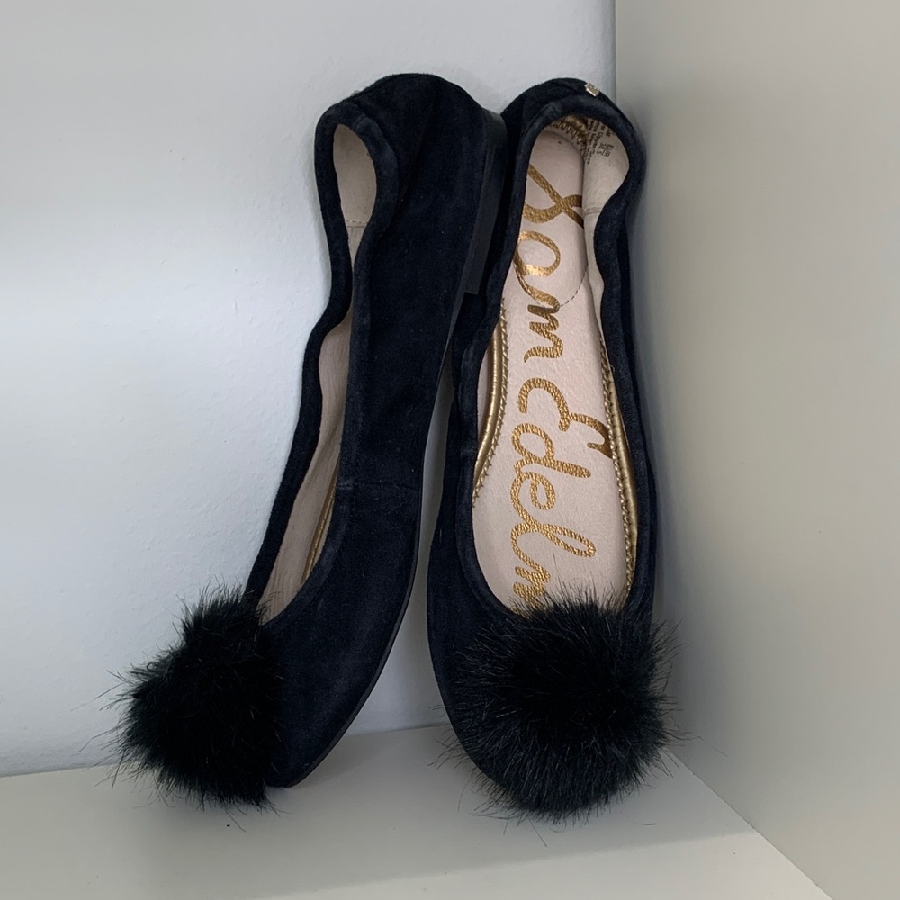 Sam Edelman Black Suede Ballet Flats with Pom Detail 8.5
